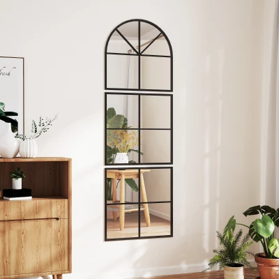 HOMCOM Wandspiegel driedelig, boogvormige spiegel met metalen frame, decoratief 60 x 2 x 180 cm Zwart