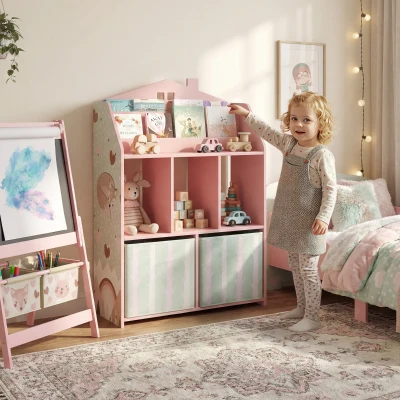 AIYAPLAY Estantería Infantil para Juguetes con Cajones de Tela Estantes Abiertos Diseño de Zorros Organizador de Juguetes Rosa