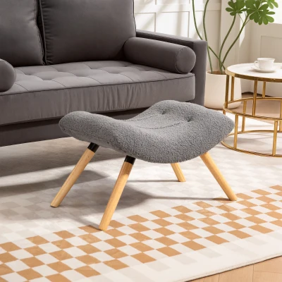 HOMCOM Moderne Voetbank met Fleece-bekleding en Houten poten, Gepolsterd, Voor Woonkamer, Slaapkamer, Hal, Donkergrijs