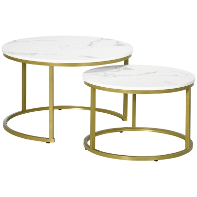HOMCOM Bijzettafel set, 2 delige tafelset, Ø74 & Ø59 cm, Marmerlook, Frame in goud