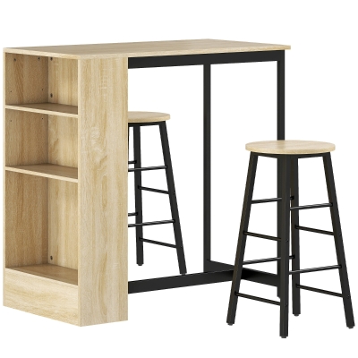 HOMCOM 3-delige Bartafelset, 1 Counter, 2 Stoelen, met Opbergruimte en Voetsteunen, Ruimtebesparend, Lichtbruin+Zwart
