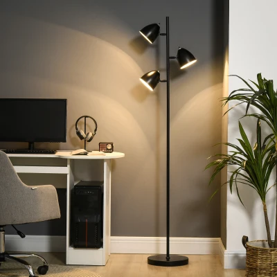HOMCOM Vloerlamp, 3 verstelbare kappen, metaal, zwart
