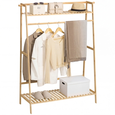 HOMCOM Perchero de Pie de Madera de Bambú para Ropa con 2 Estantes 2 Ganchos y Barra para Colgar 114x40x139 cm Natural