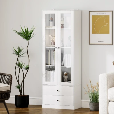 HOMCOM Aparador de Cocina con Armario y 2 Cajones, Puertas de Vidrio y Estantes Regulables, 59x30x164 cm, Blanco