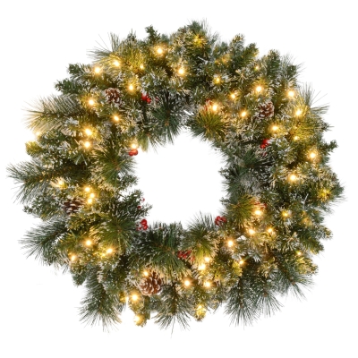 HOMCOM Kerstkrans met LED-Verlichting, Rode Bessen, Realistische Uitstraling, Ø60 x 10 cm, Groen