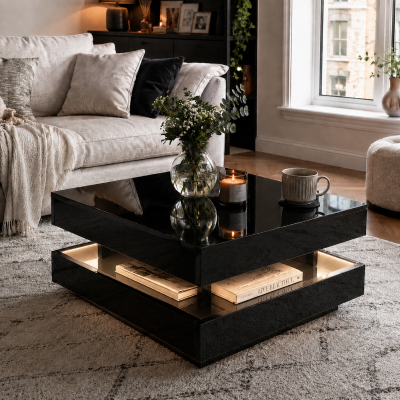 Stylish High Gloss Coffee Table with Rotating Top, Black
