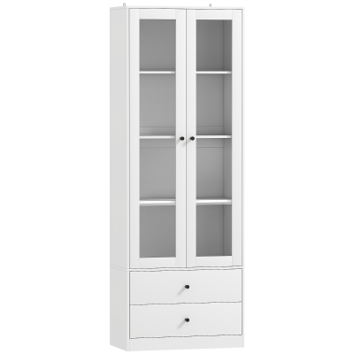 HOMCOM Aparador de Cocina con Armario y 2 Cajones, Puertas de Vidrio y Estantes Regulables, 59x30x164 cm, Blanco