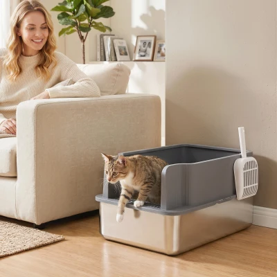 PawHut Arenero para Gatos de Acero Inoxidable L con Bandeja de Tamizado Borde Alto Pala y 10 Empapadores Gris Oscuro