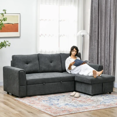 HOMCOM 3-Zit Slaapsofa met bedfunctie, slaapbank met chaise longue, gestoffeerde bank, Donkergrijs