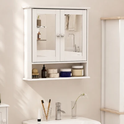 kleankin Armario de Baño con Espejo, Armario de Pared con 2 Puertas, Estante Abierto, Estante Ajustable, Mueble de Baño Colgar para Cocina, Salón, 56x13x58 cm, Blanco