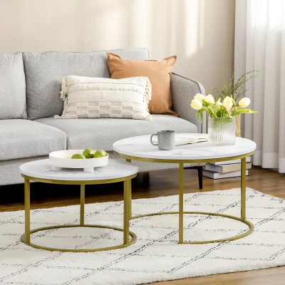 HOMCOM Bijzettafel set, 2 delige tafelset, Ø74 & Ø59 cm, Marmerlook, Frame in goud