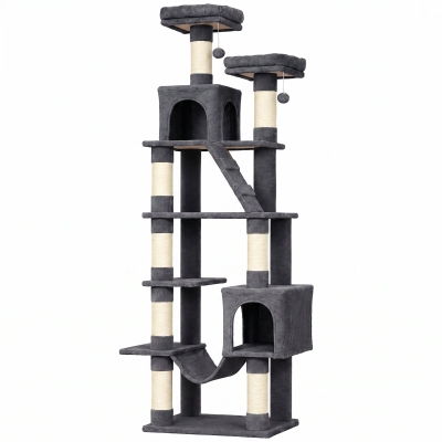 PawHut Árbol Rascador para Gatos 204 cm Multinivel con 2 Cuevas Hamaca 2 Camas Postes de Sisal Escalera 2 Bolas Gris Oscuro