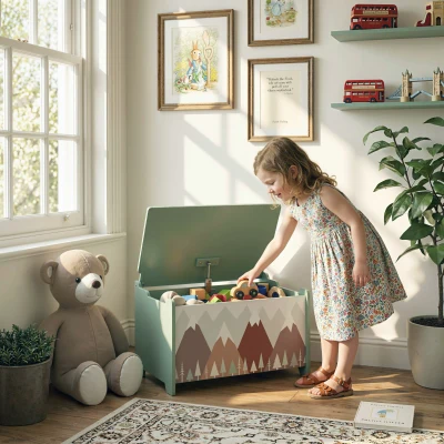 ZONEKIZ Cajas de Juguetes para Niños de 3 a 8 Años Cajas de Almacenamiento con 2 Asas y Estampado de Osos 60x37x39 cm Verde