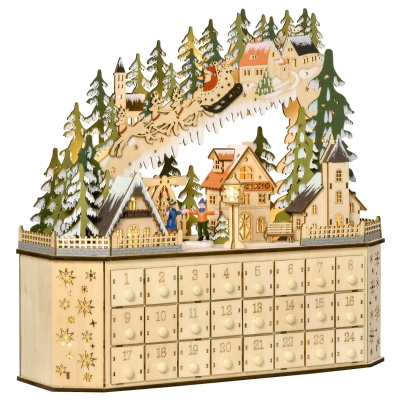HOMCOM adventskalender met 24 vakken op te vullen kerstkalender met LED-verlichting adventskalenderbox kerstdecoratie doe-het-zelf MDF-blad naturel hout 45 x 13 x 43 cm