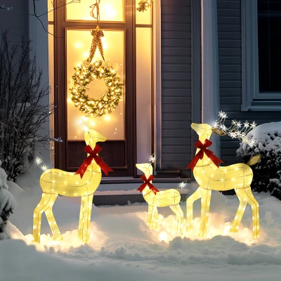 Outsunny 3-delige verlichte rendierfamilie | LED-kerstdecoratie met rode strik, staal & polyester, waterbestendig
