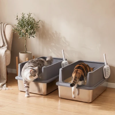 PawHut Juego de 2 Areneros Gatos de Acero Inoxidable XL Borde Alto 2 Palas para Gatos Grandes y Gatitos Múltiples Gris Oscuro