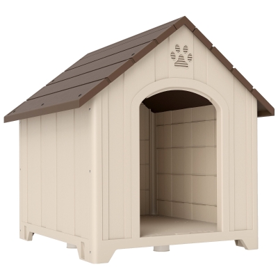 PawHut Căsuță pentru câini de exterior, talie mare și XL, căsuță din plastic impermeabil cu bază ridicată, ferestre și acoperiș înclinat pentru grădină, curte, terasă, casă, 102x94x103 cm, Bej