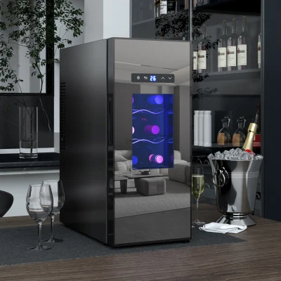 HOMCOM Wijnkoelkast voor 12 flessen, met glazen deur, drankkoelkast met LED-licht, touchscreen, zwart