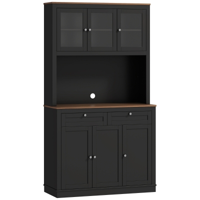 HOMCOM Alacena de Cocina con 3 Puertas de Vidrio Compartimento Abierto 2 Cajones y Estantes Ajustables 100x40x180 cm Negro