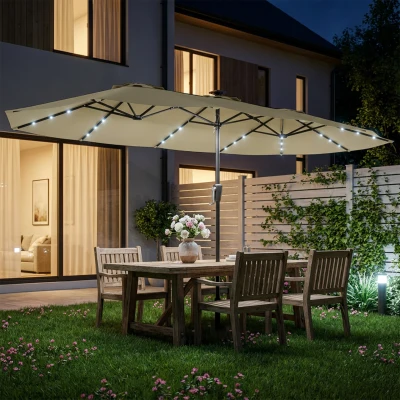 Outsunny Sombrilla Doble de Jardín 4x2 m con 36 Luces LED UPF50+ Manivela 12 Varillas  Resistente al Agua Beige