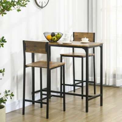 HOMCOM 3-delig Barset, Statafel, 2 Hoge Krukken, MDF, Metalen Frame, Waterafstotend, Bruin