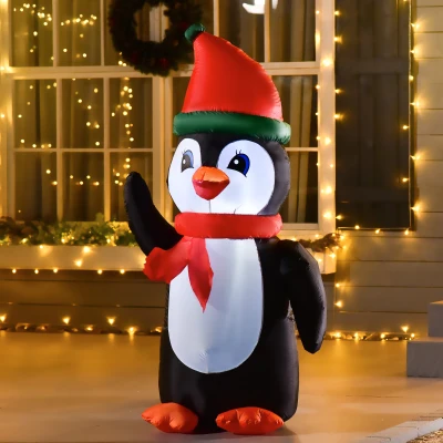 HOMCOM opblaasbare kerstpinguïn 1,6 m kerstdecoratie met lichtjes verlichting Kerstmis feestdecoratie automatisch opblazen weerbestendig polyesterstof veelkleurig 79 x 67 x 155 cm