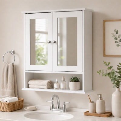 kleankin Armario de Baño con Espejo, Armario de Pared con 2 Puertas, Estante Abierto, Estante Ajustable, Mueble de Baño Colgar para Cocina, Salón, 56x13x58 cm, Blanco
