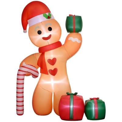 Outsunny 245 cm Opblaasbare Kerstdecoratie voor buiten – Gingerbread Man met geïntegreerde LED-verlichting, opblaasbare outdoor kerstversiering met zuurstok, ideaal voor tuin, grasveld en feest