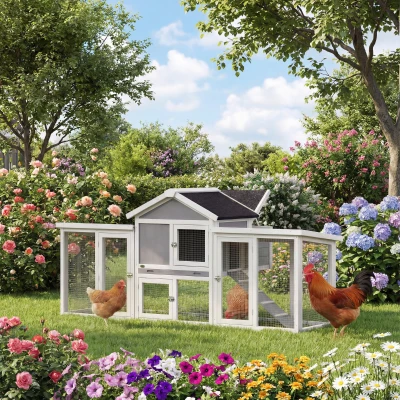 PawHut Gallinero para Exterior Grande de Madera 204x85x93 cm con Caja de Anidación Corral Bandeja Extraíble y Percha Gris