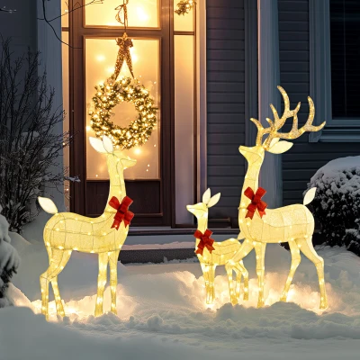 Outsunny Rendierenfamilie met rode strikken, 283 LEDs, Kerstverlichting, weerbestendig, Goud