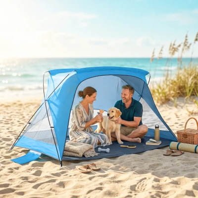 Outsunny Carpa de Playa para 2-3 Personas con Sacos de Arena, Puerta, Ventanas, UPF30+ Bolsa de Transporte Bolsillo Azul Cielo