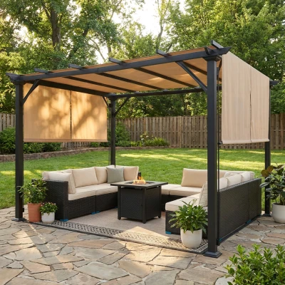Outsunny Pergola Gazebo da Giardino con Tende Regolabili 3x3m