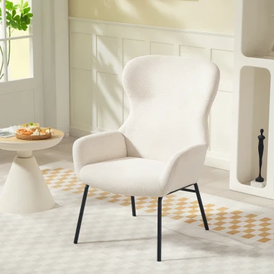 HOMCOM Moderne Fauteuil in Okerstijl, Hoge Rugleuning, Dikke Bekleding, Stalen Poten, Crème