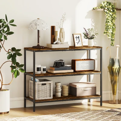 HOMCOM Console Tafel, Bijzettafel met 3-niveaus Rek, Spaanplaat, Metaal, Lichtbruin