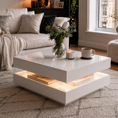 High Gloss Round Coffee Table with Rotating Top and 16-Colour LED Light, White