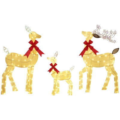 Outsunny 3-delige verlichte rendierfamilie | LED-kerstdecoratie met rode strik, staal & polyester, waterbestendig