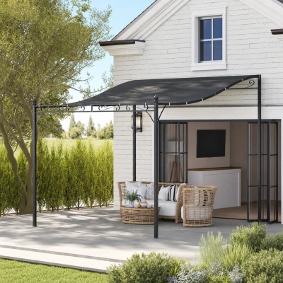 Outsunny 3 x 2,5 m Pergola, Wandmontierter Garten-Pavillon, wasserbeständig, Metallrahmen, Ablauflöcher, Schattendach, Dunkelgrau
