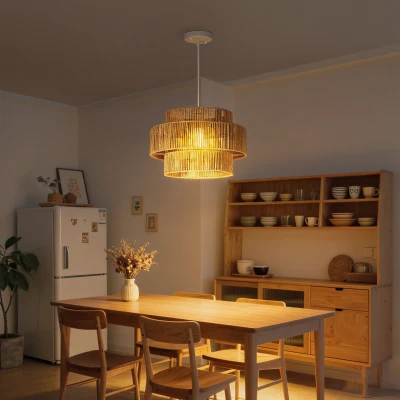 HOMCOM Hanglamp, Drielaags Lampenkap, Metaal, Henneptouw, Lichtbruin