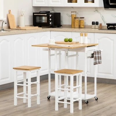 HOMCOM Juego de Mesa Alta de Bar y 2 Taburetes con Ruedas Mesa Plegable de Cocina con Taburetes 86x75,5x83,5 cm Natural