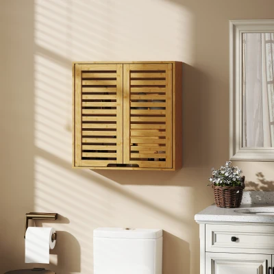 HOMCOM Armario de Baño de Pared de Bambú Mueble de Baño Colgante con Estante Ajustable Puertas de Lamas Natural
