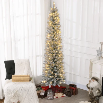 HOMCOM Kunstkerstboom 210 cm met LED-verlichting, sneeuw, 405 takken, kerstboom inclusief metalen standaard voor binnen