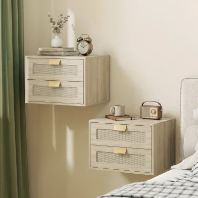 HOMCOM Conjunto de 2 Mesinhas de Cabeceira Suspensas com 2 Gavetas e Frente em Rotim Natural para Quarto 40x30x27,6 cm Carvalho