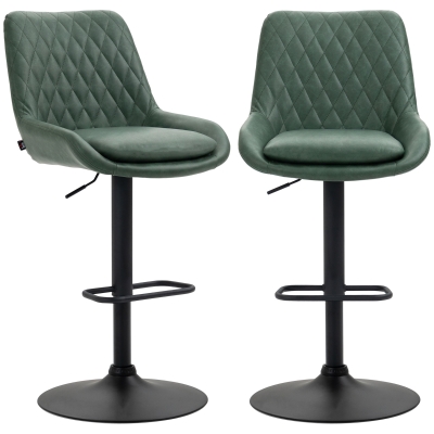HOMCOM Retro Bar Stools Set of 2, Adjustable Kitchen Stool, Upholstered Bar Chairs with Back, Swivel Seat, Green