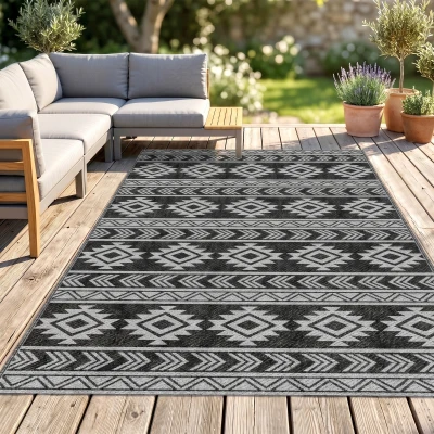 Outsunny Outdoor-Teppich, wasserdicht, doppelseitiges Design, hochwertige Kunststofffaser, schwarz+grau, 182 x 274cm