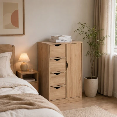 HOMCOM Armario de Salón Aparador Auxiliar con 4 Cajones 1 Puerta y Estante Interior Mueble de Almacenaje Multiusos para Baño Dormitorio Comedor 54x29x83 cm Roble