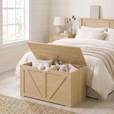 HOMCOM Storage Box 100L Safety Hinge Wood Nature Finish