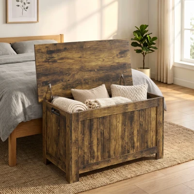 HOMCOM Cufăr de depozitare cu capac rabatabil, cutie pentru jucării cu balamale de siguranță, maro rustic