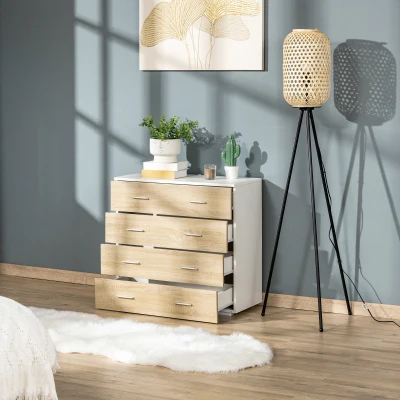 HOMCOM Cómoda com 4 Gavetas Cómoda Auxiliar de Armazenamento Moderna para Dormitório Corredor Sala de Estar 76x35x72cm Carvalho e Branco