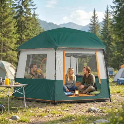 Outsunny Cabin Tent 4-Person Waterproof Camping with Bag Green