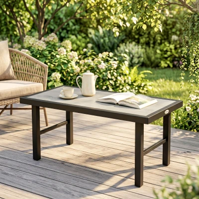 Outsunny Metal Garden Coffee Table Grey Wood Effect 100x53cm